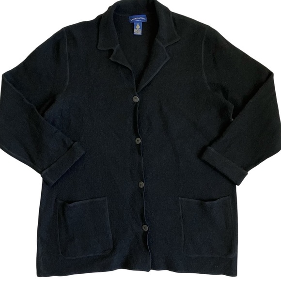 Charter Club Vintage 100% Wool Collared Cardigan Shacket Black Minimalist Sz 2X - Picture 1 of 16